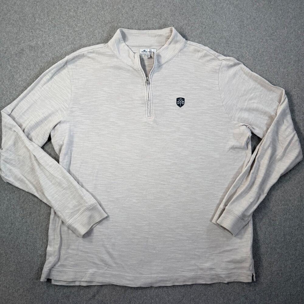 Peter Millar Men's Large Quarter Zip Pullover Greystone Logo Light Gray Golf